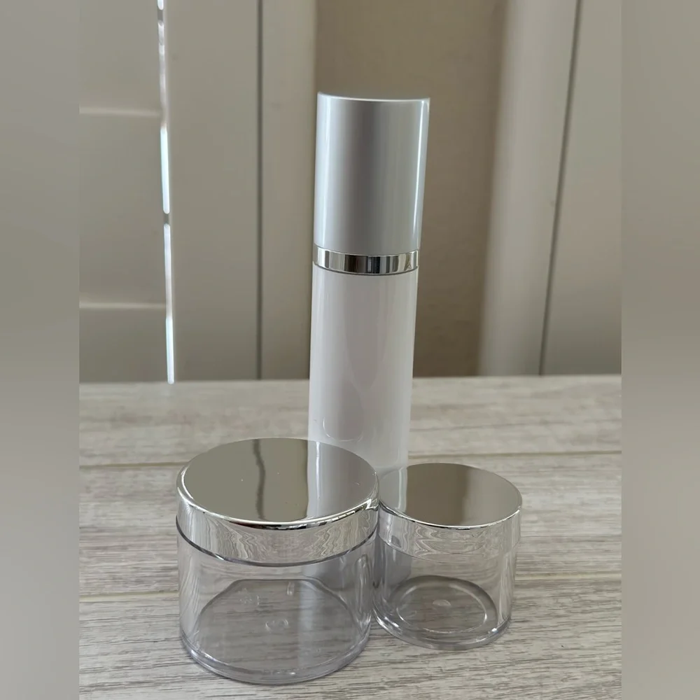 Silver chrome 8 piece DIY CREAM SERUM PUMP JARS BOTTLES ESSENTIAL OILS TRAVEL